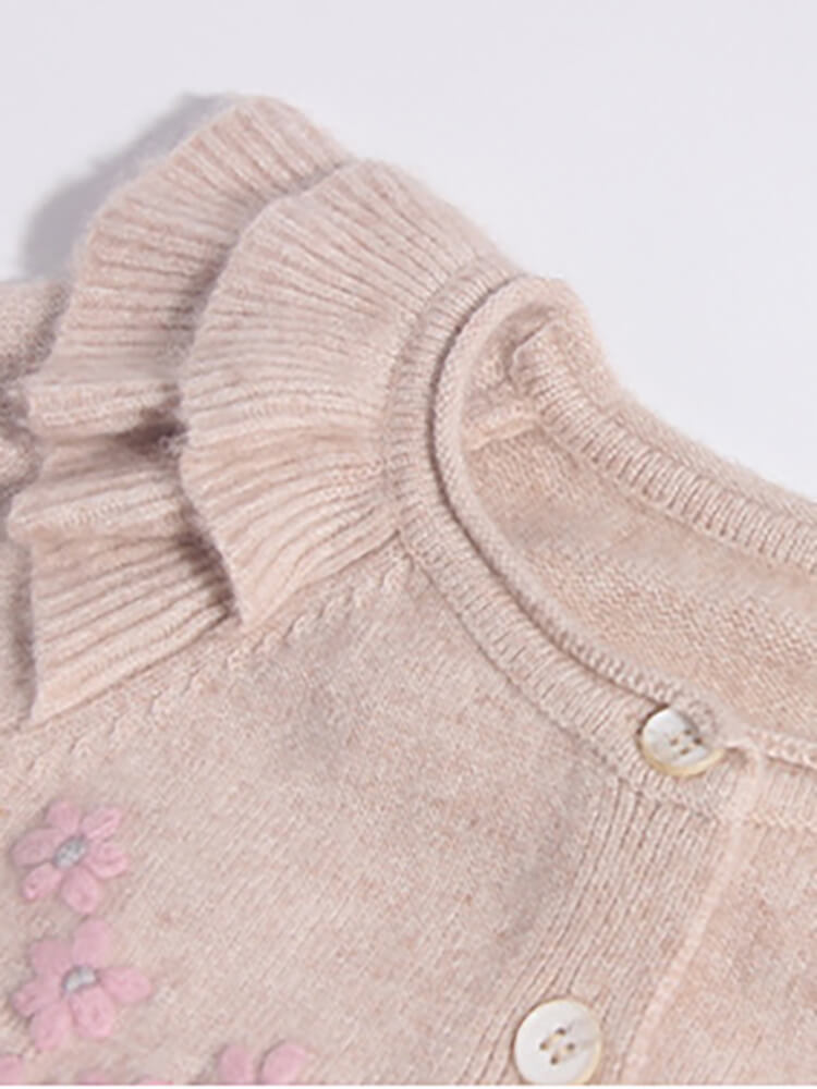 Girls Ruffle Shoulder Floral Embroidered Beige Cashmere Cardigan